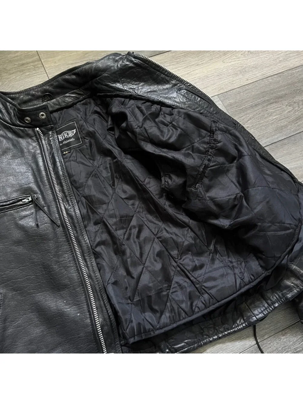 Vintage Unik Men's 48 Cafe Racer Motorcycle Jacket Black Leather Zip Pockets